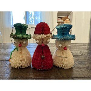 Vintage 1950’s Set of 3 Honeycomb Snowmen Santa Christmas Ornaments Decor